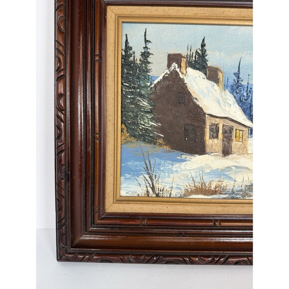 Winter Cottage Landscape Scene Oil Painting In Wood Frame MCM VTG Cozy Cottage - Picture 2 of 11
